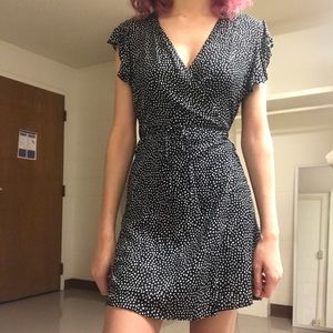 Black and white polka dot wrap dress.